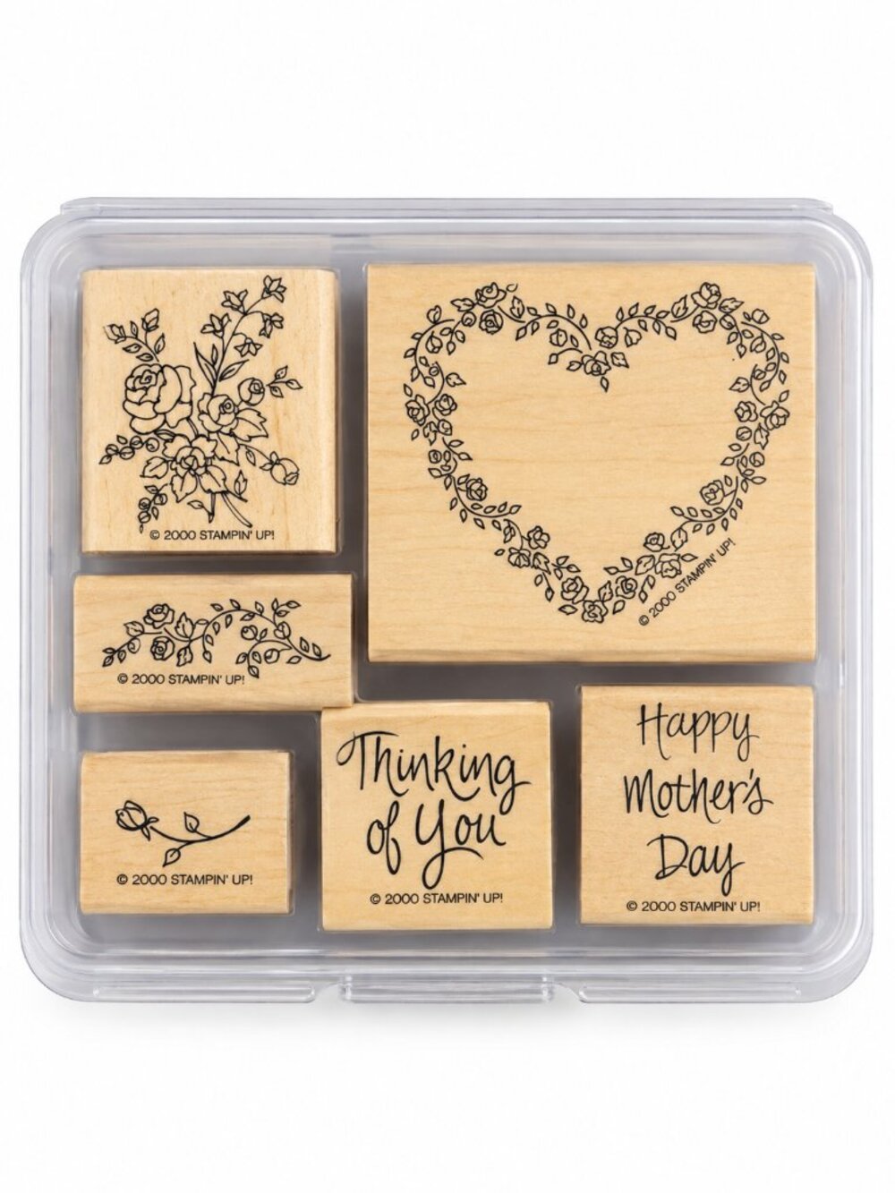Stampin Up 2000 Floral Heart Mother’s Day Wood Rubber Stamp Set 6pc Vintage